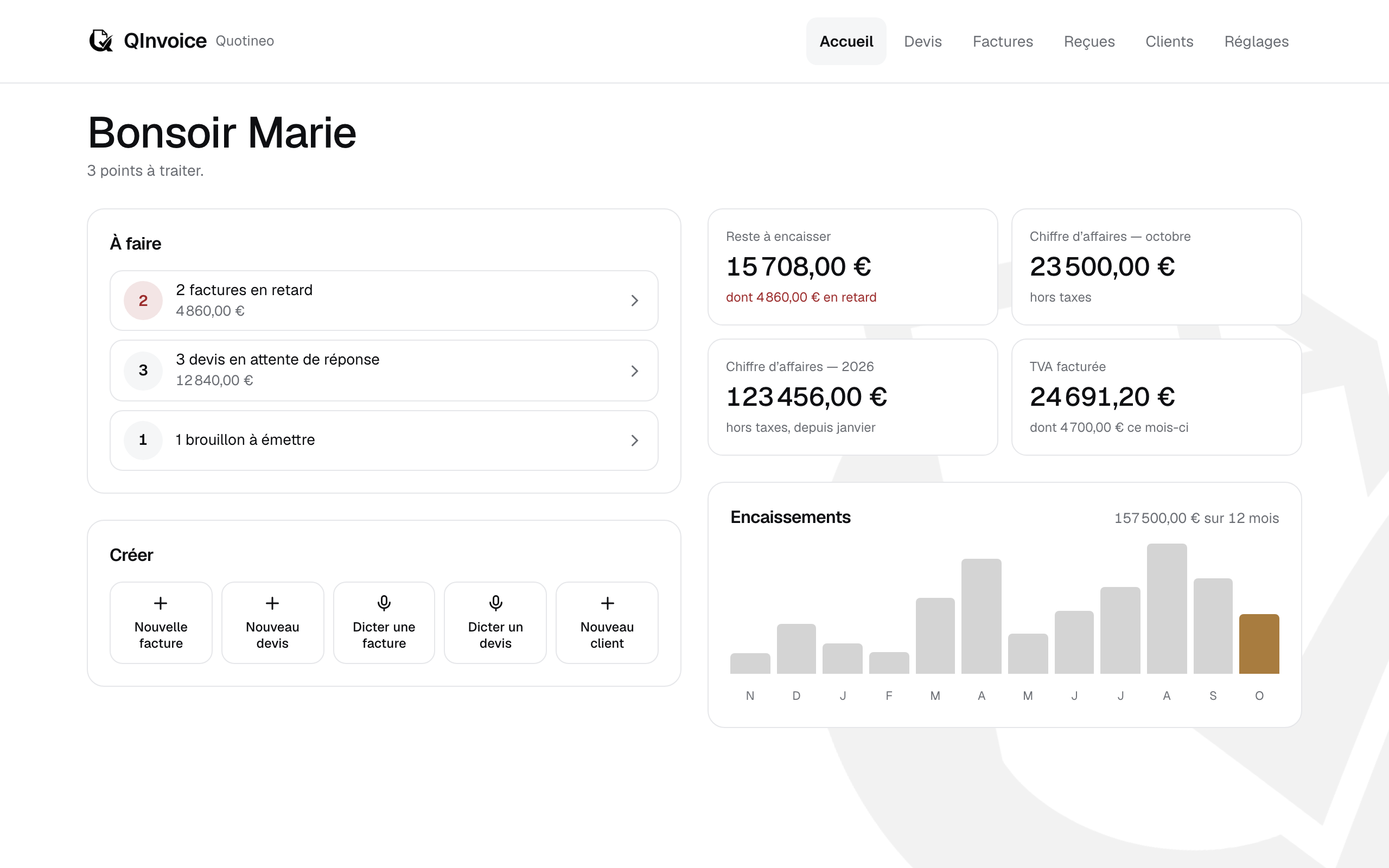 Le tableau de bord de QInvoice sur ordinateur : factures en retard, devis en attente, chiffre d’affaires et encaissements