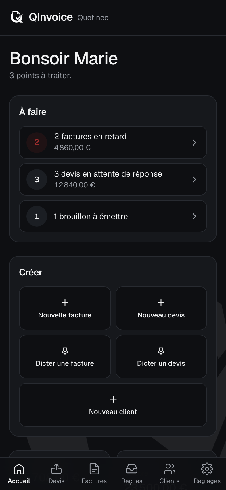 Le tableau de bord de QInvoice sur téléphone, avec les actions à faire et les raccourcis de création