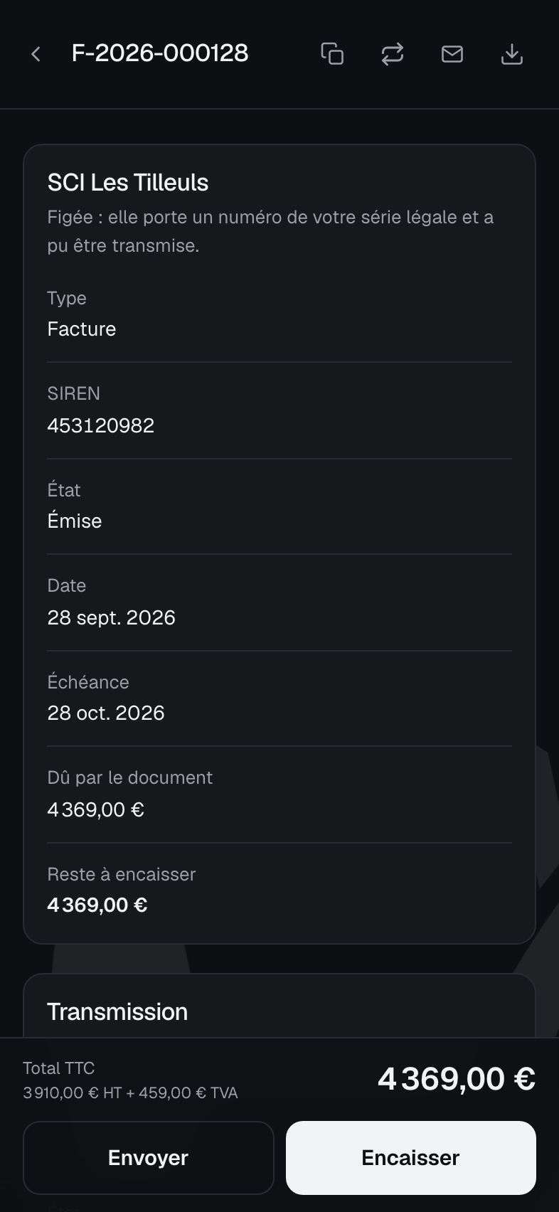 Une facture émise dans QInvoice, avec son état de transmission à la plateforme agréée