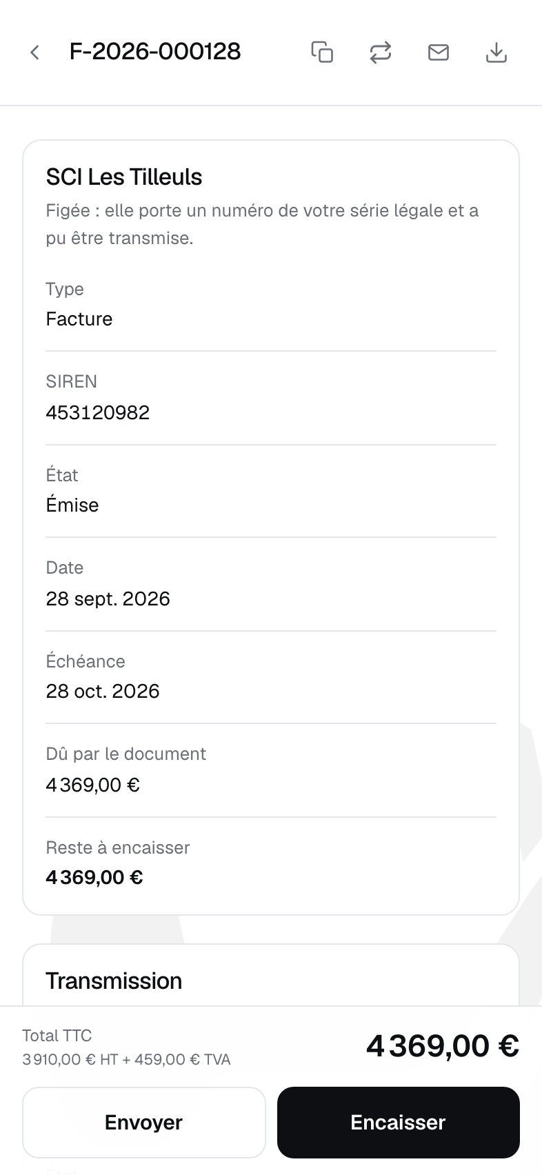 Une facture émise dans QInvoice, avec son état de transmission à la plateforme agréée