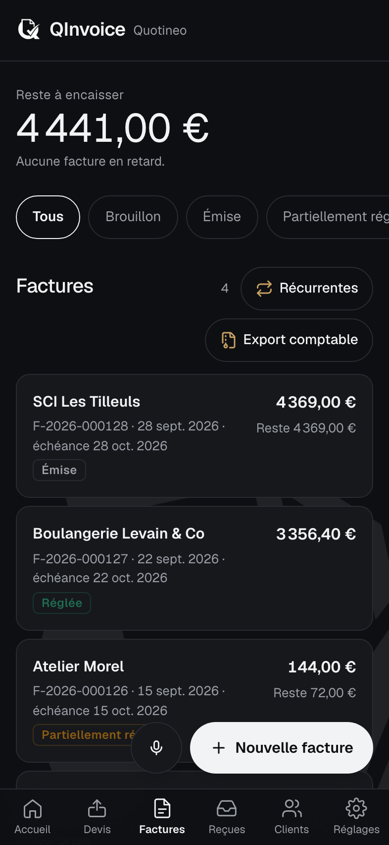 La liste des factures dans QInvoice, avec leur état et le reste à payer
