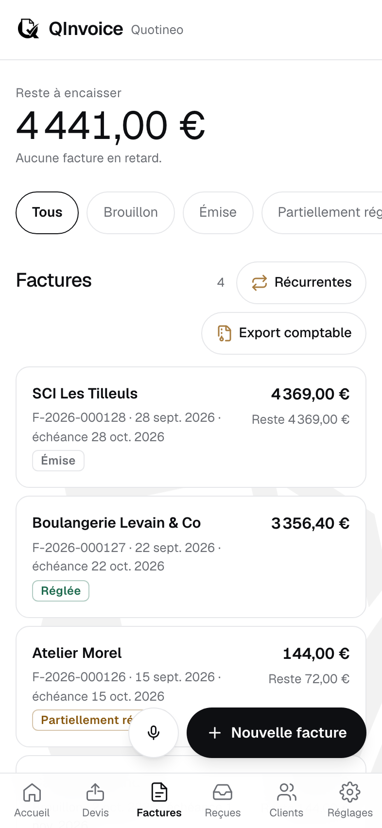 La liste des factures dans QInvoice, avec leur état et le reste à payer