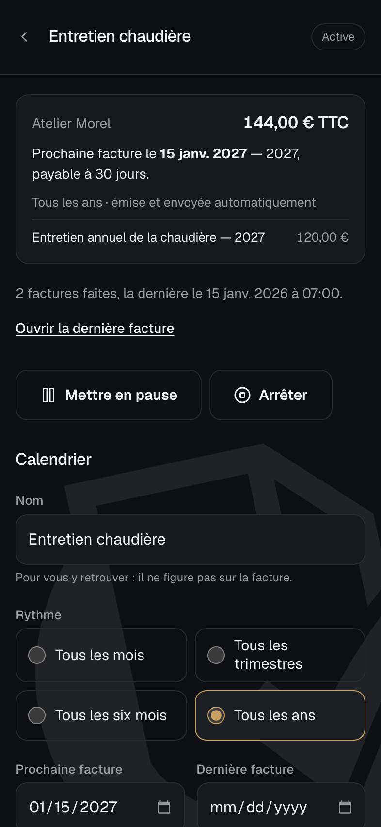 Une facture récurrente dans QInvoice : prochaine échéance, rythme et réglages
