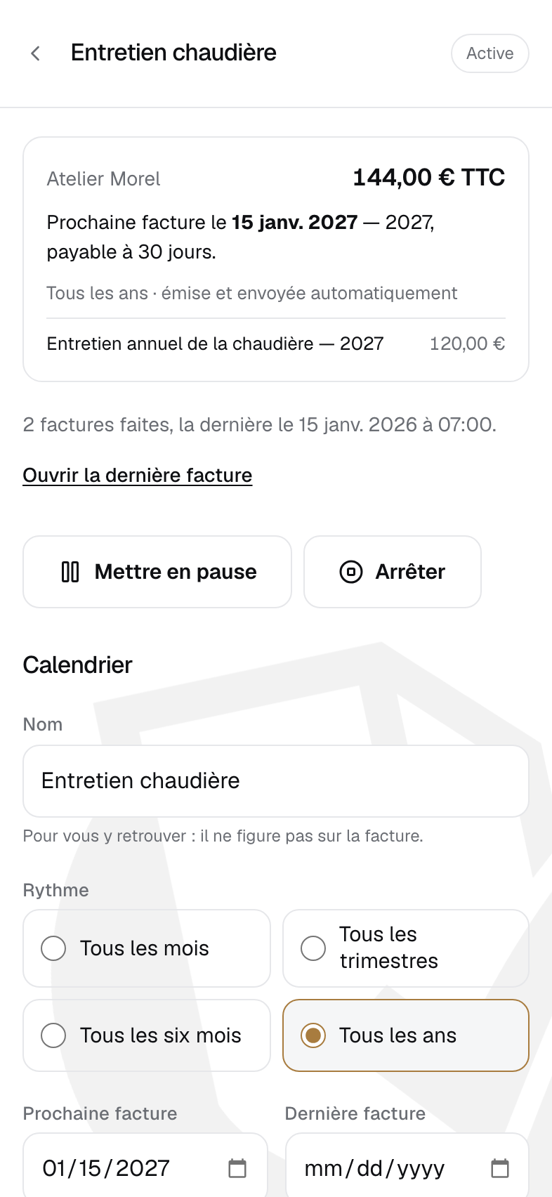 Une facture récurrente dans QInvoice : prochaine échéance, rythme et réglages